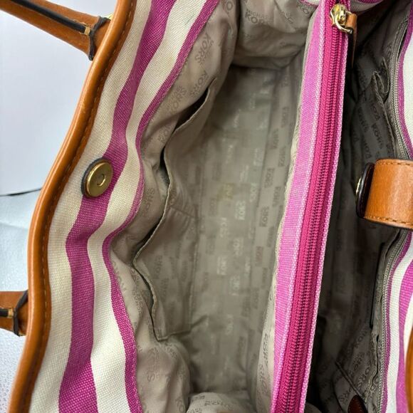 Michael Kors Hamilton Pink Stripe Brown Leather Shoulder Crossbody Tote Bag - Picture 12 of 14